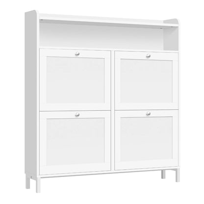 Meuble à Chaussures Étroit Blanc, 4 Abattants & Niche