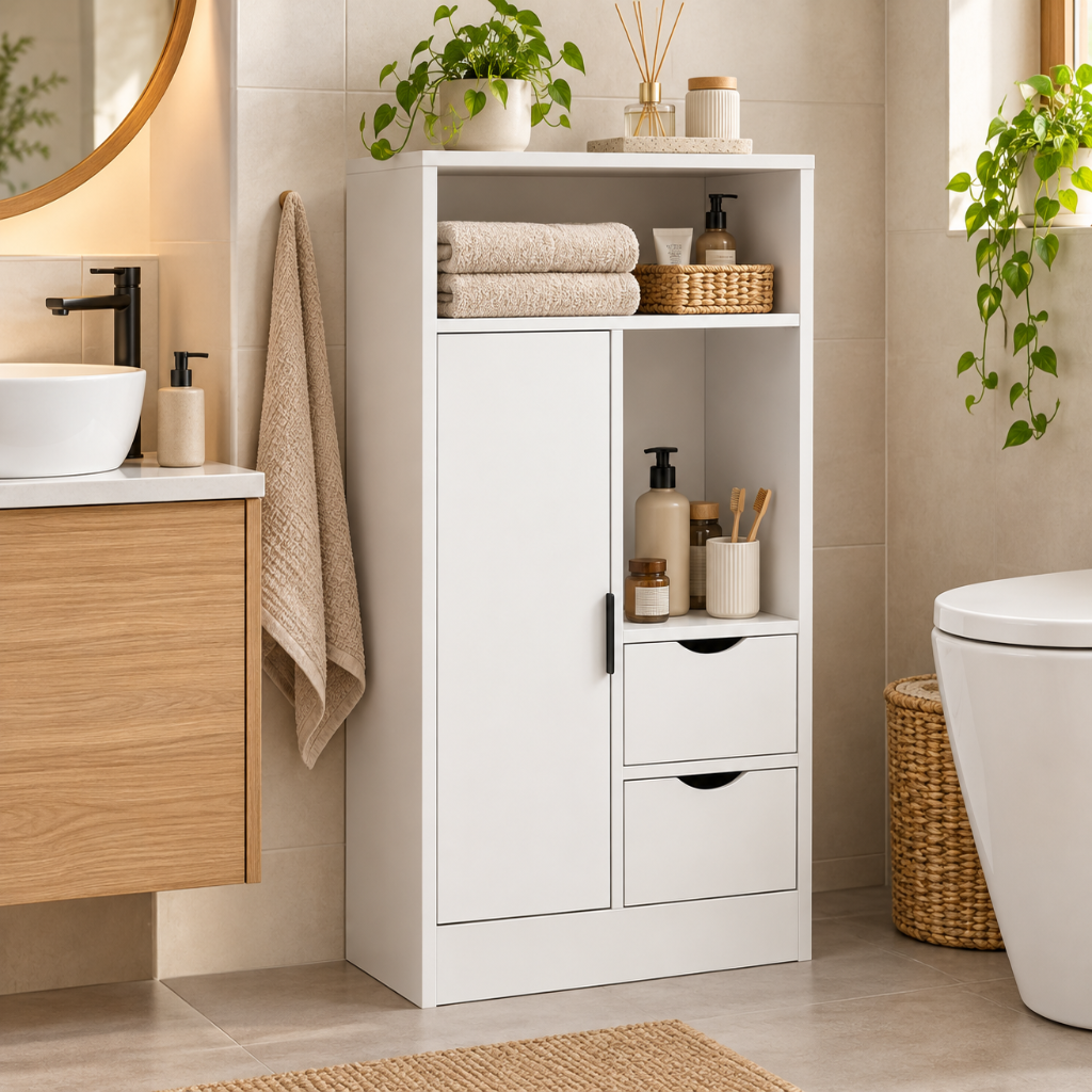 Meuble Salle de Bain 2 Tiroirs, Niches Ouvertes et Étagères Réglables 2.