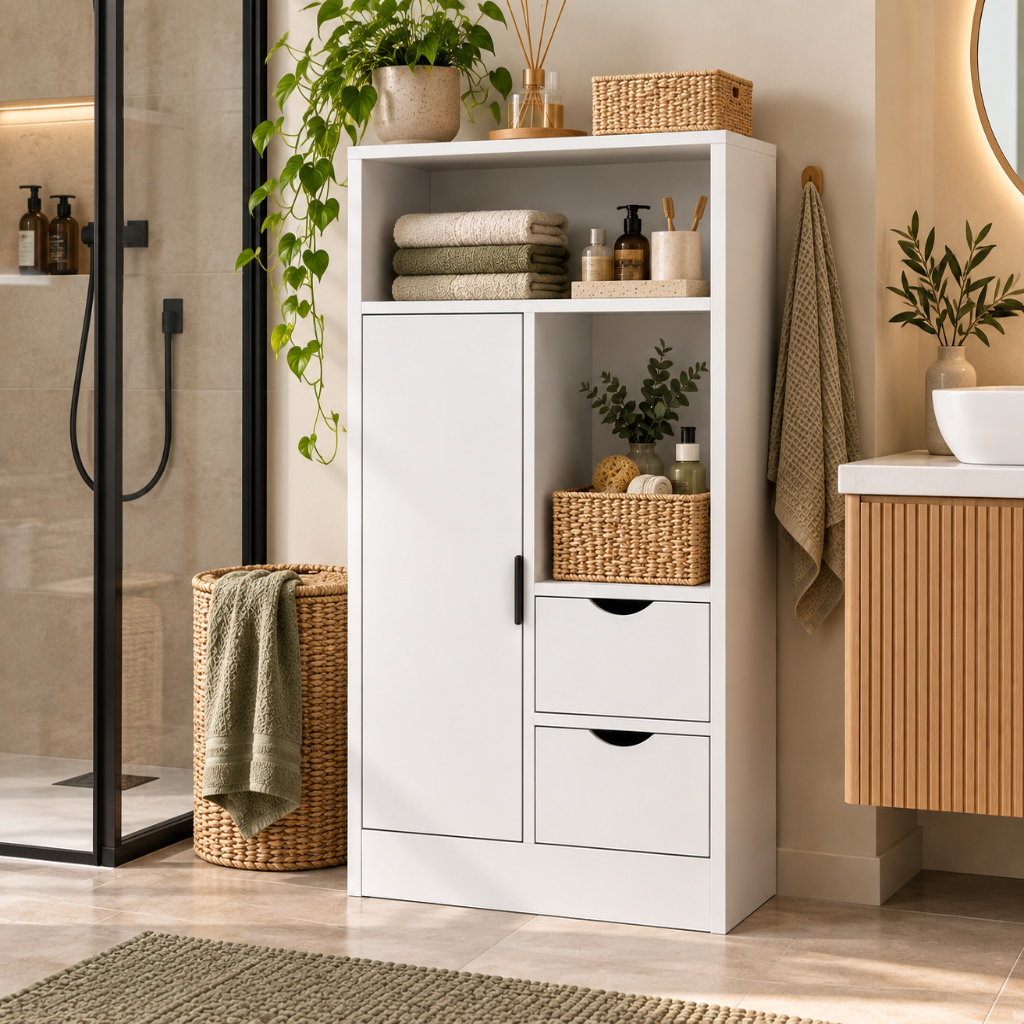 Meuble Salle de Bain 2 Tiroirs, Niches Ouvertes et Étagères Réglables 3.
