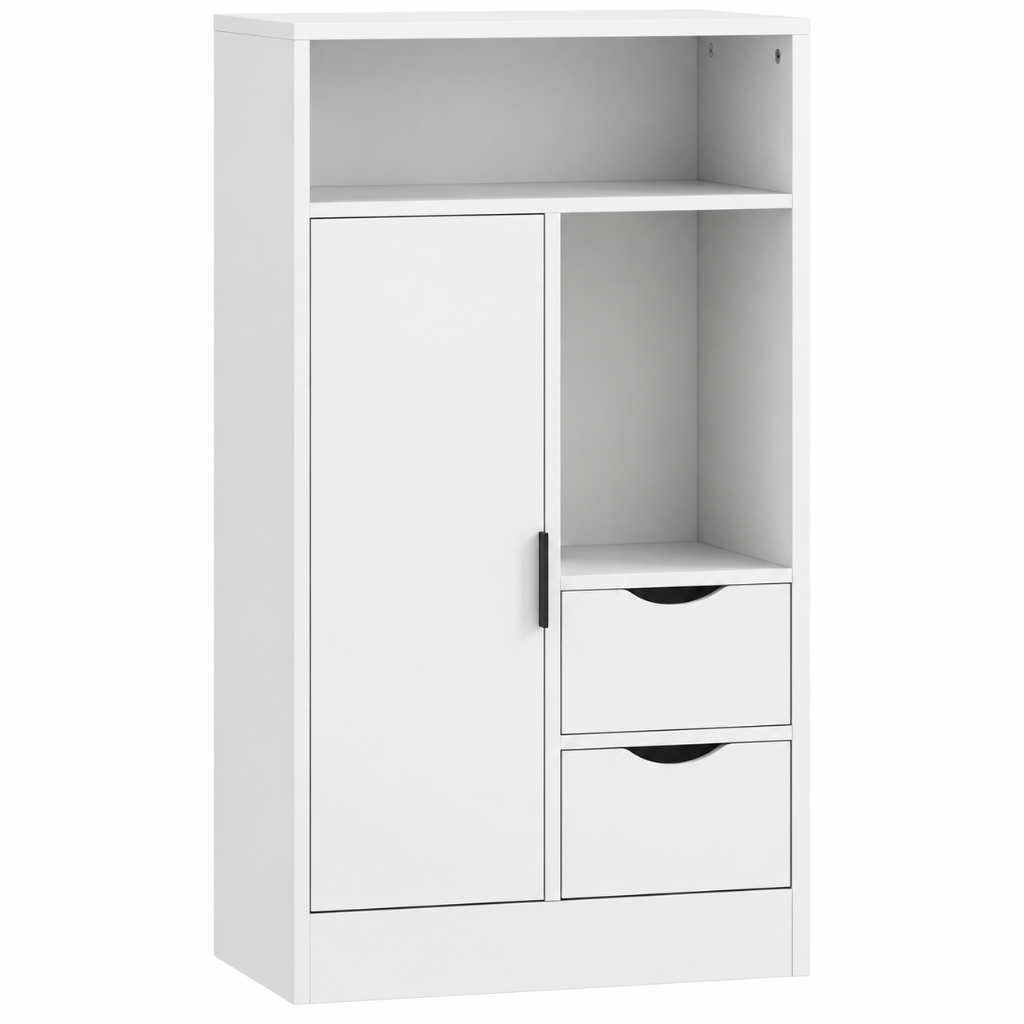 Meuble Salle de Bain 2 Tiroirs, Niches Ouvertes et Étagères Réglables Blanc