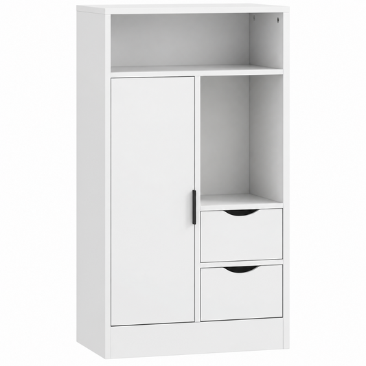 Meuble Salle de Bain 2 Tiroirs, Niches Ouvertes et Étagères Réglables Blanc