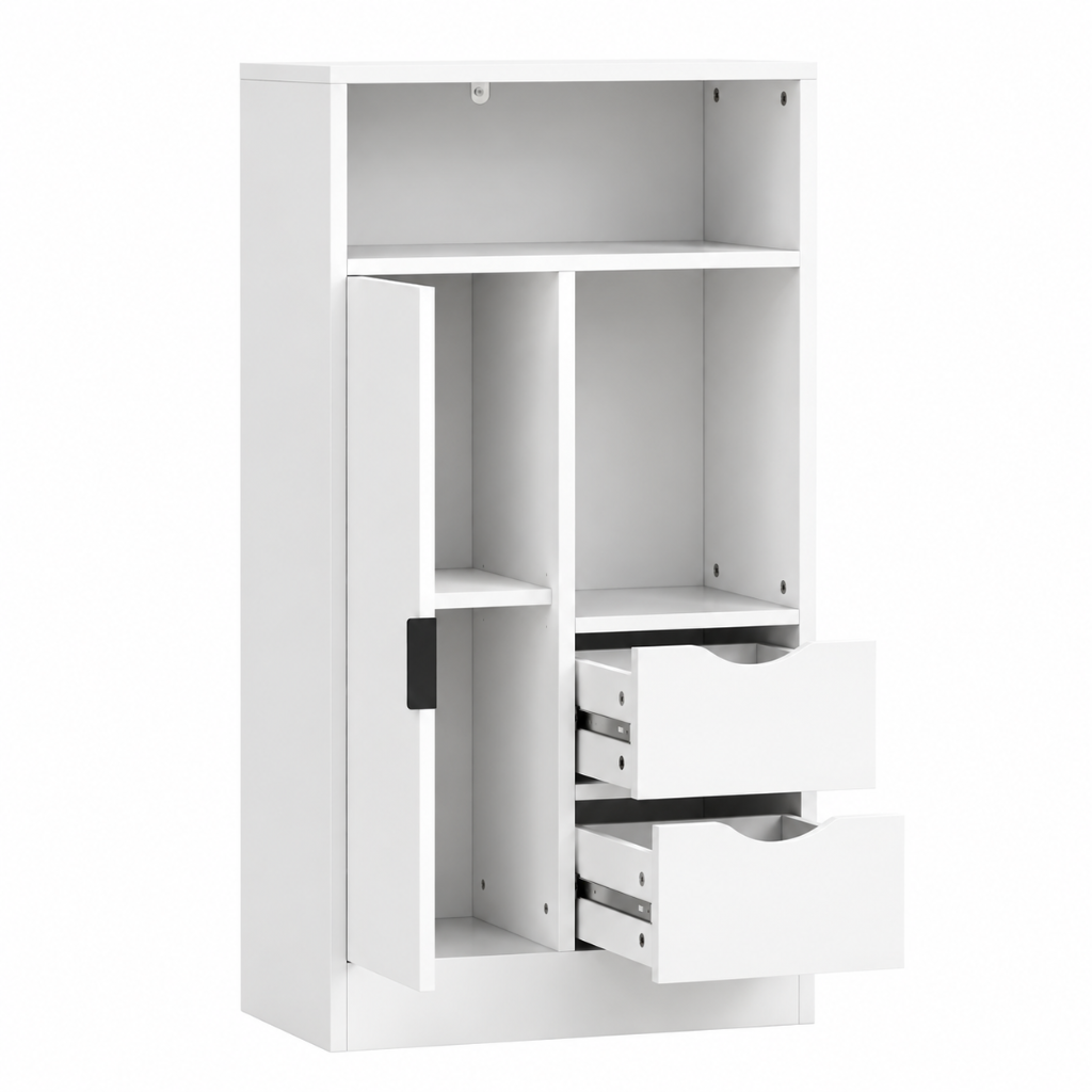 Meuble Salle de Bain 2 Tiroirs, Niches Ouvertes et Étagères Réglables ouvert.