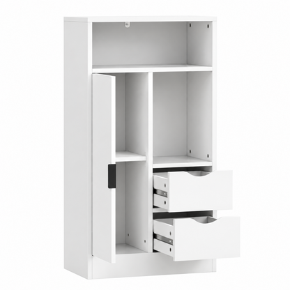 Meuble Salle de Bain 2 Tiroirs, Niches Ouvertes et Étagères Réglables ouvert.