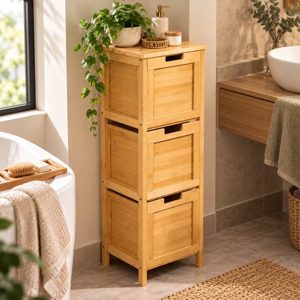 Meuble Salle de Bain Bambou Naturel, 3 Tiroirs Amovibles 3