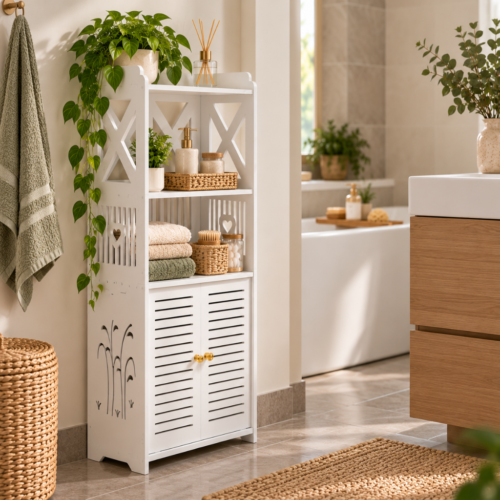 Meuble Salle de Bain Blanc Étroit, 2 Portes Persiennes, PVC 1