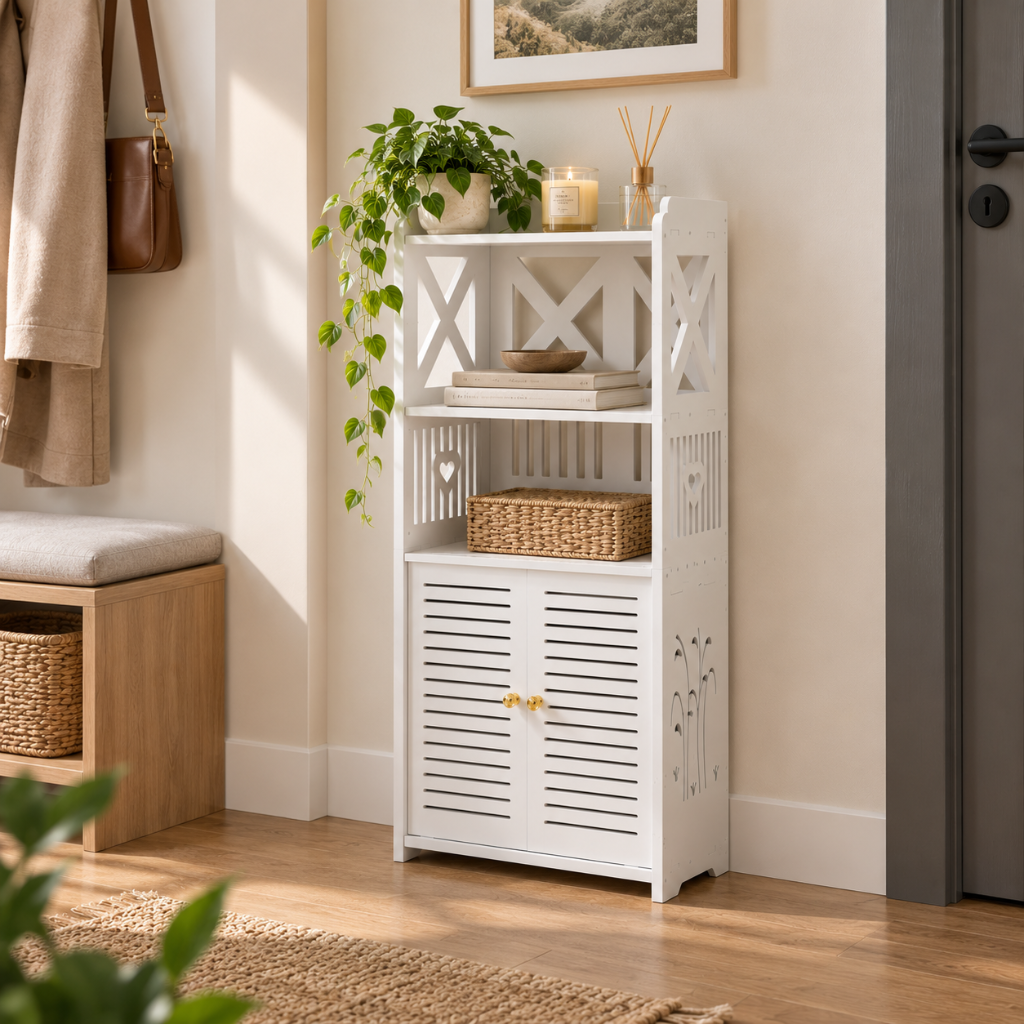 Meuble Salle de Bain Blanc Étroit, 2 Portes Persiennes, PVC 2