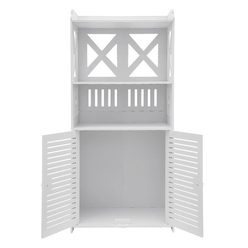 Meuble Salle de Bain Blanc Étroit, 2 Portes Persiennes, PVC Ouvert