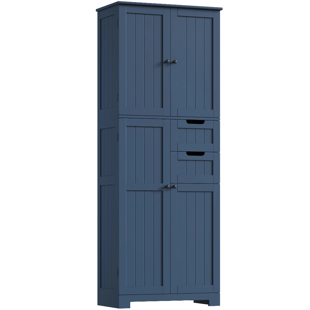 Meuble Salle de Bain Haut Bois Laqué, 4 Portes & 2 Tiroirs Bleu Ardoise