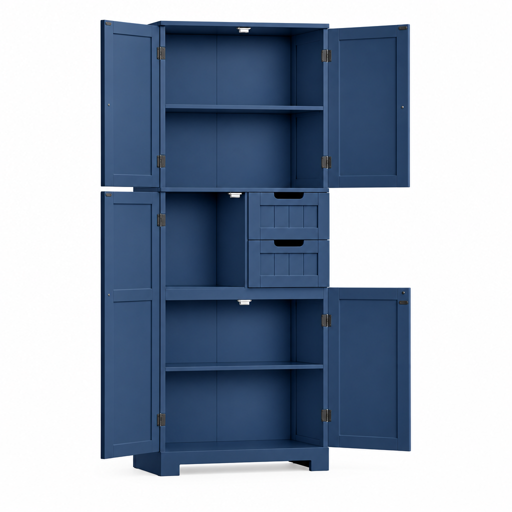Meuble Salle de Bain Haut Bois Laqué, 4 Portes & 2 Tiroirs Bleu Ardoise ouvert