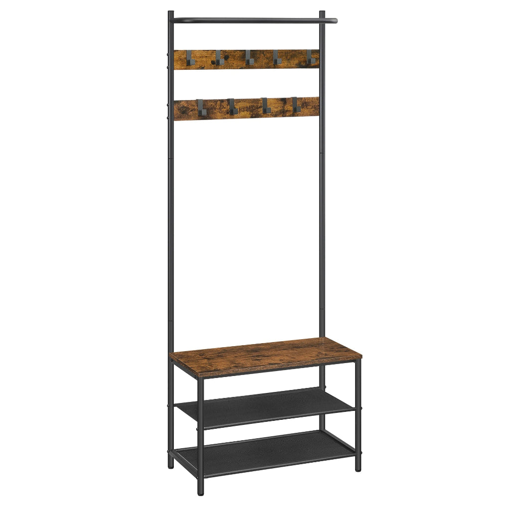 Meuble d'Entrée avec Banc et Étagère à Chaussures — Style Industriel Marron Rustique et Noir