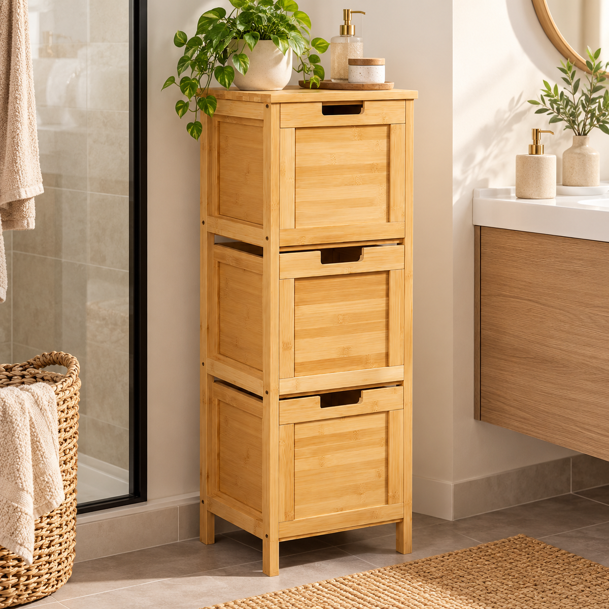 Meuble Salle de Bain Bambou Naturel, 3 Tiroirs Amovibles