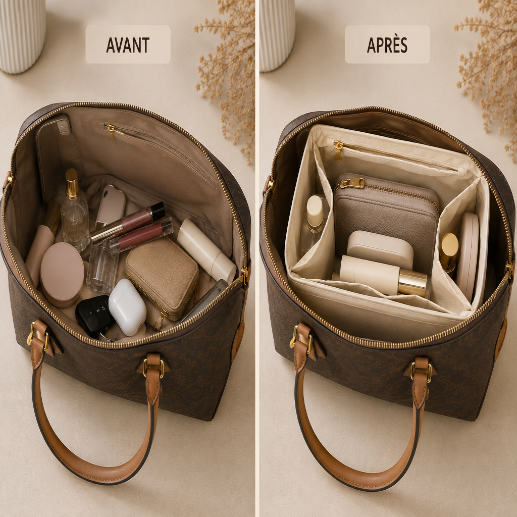 Organisateur de Sac Cuir Brun Imperméable Multi-Compartiment avant après