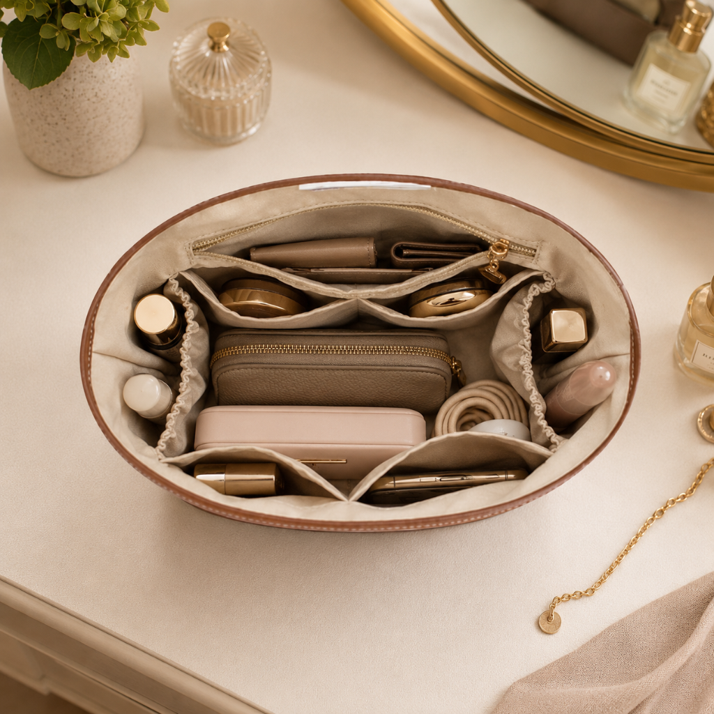 Organisateur de Sac en Satin – Structure Ajustée beige ouvert
