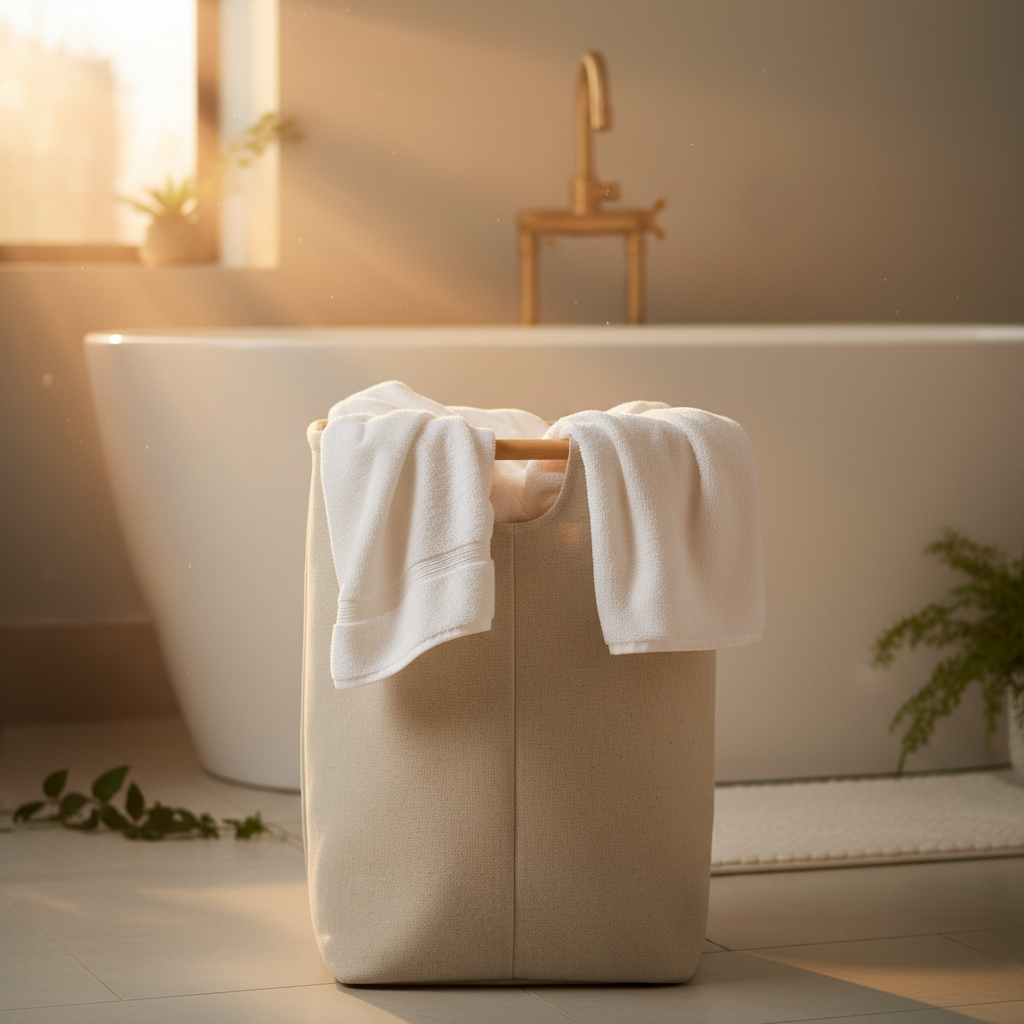 Panier à Linge Imperméable Pliable - Style Pastoral Beige avec Poignées Bambou