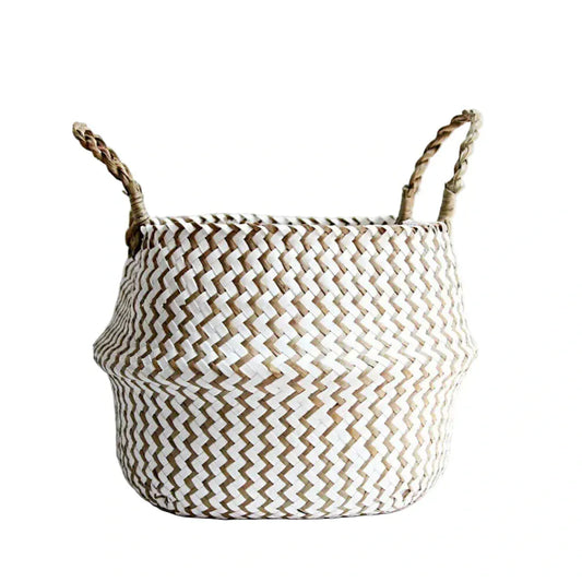Panier de Rangement Boho Rayé en Osier Tressé Pliable Blanc et Marron