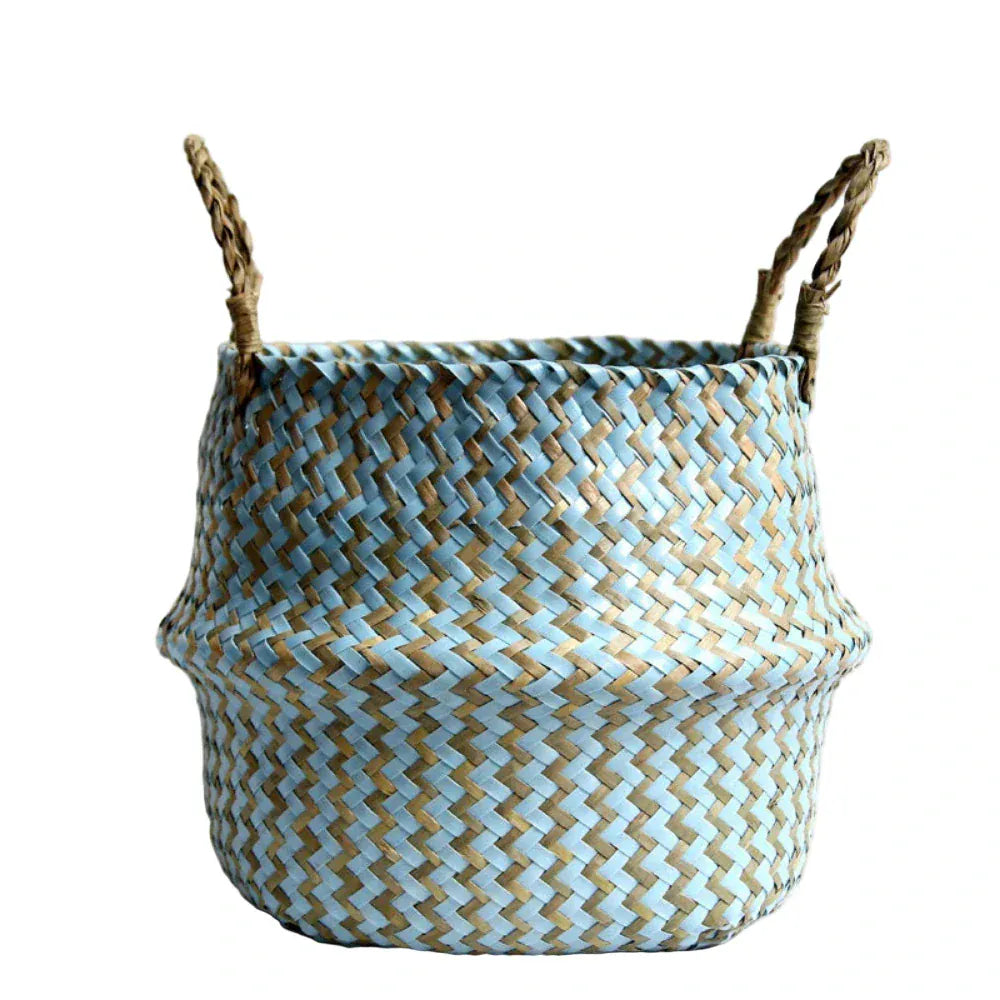 Panier de Rangement Boho Rayé en Osier Tressé Pliable Bleu et Marron