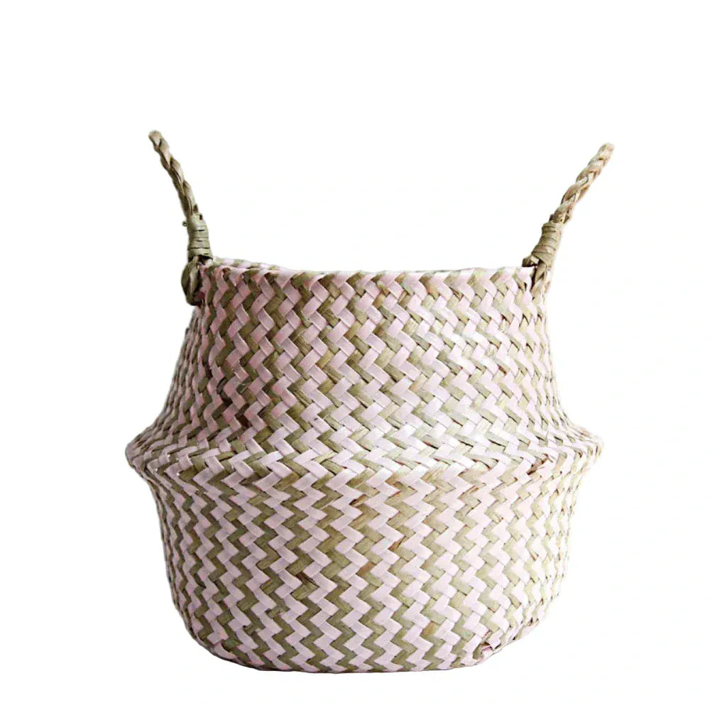 Panier de Rangement Boho Rayé en Osier Tressé Pliable Rose et Marron