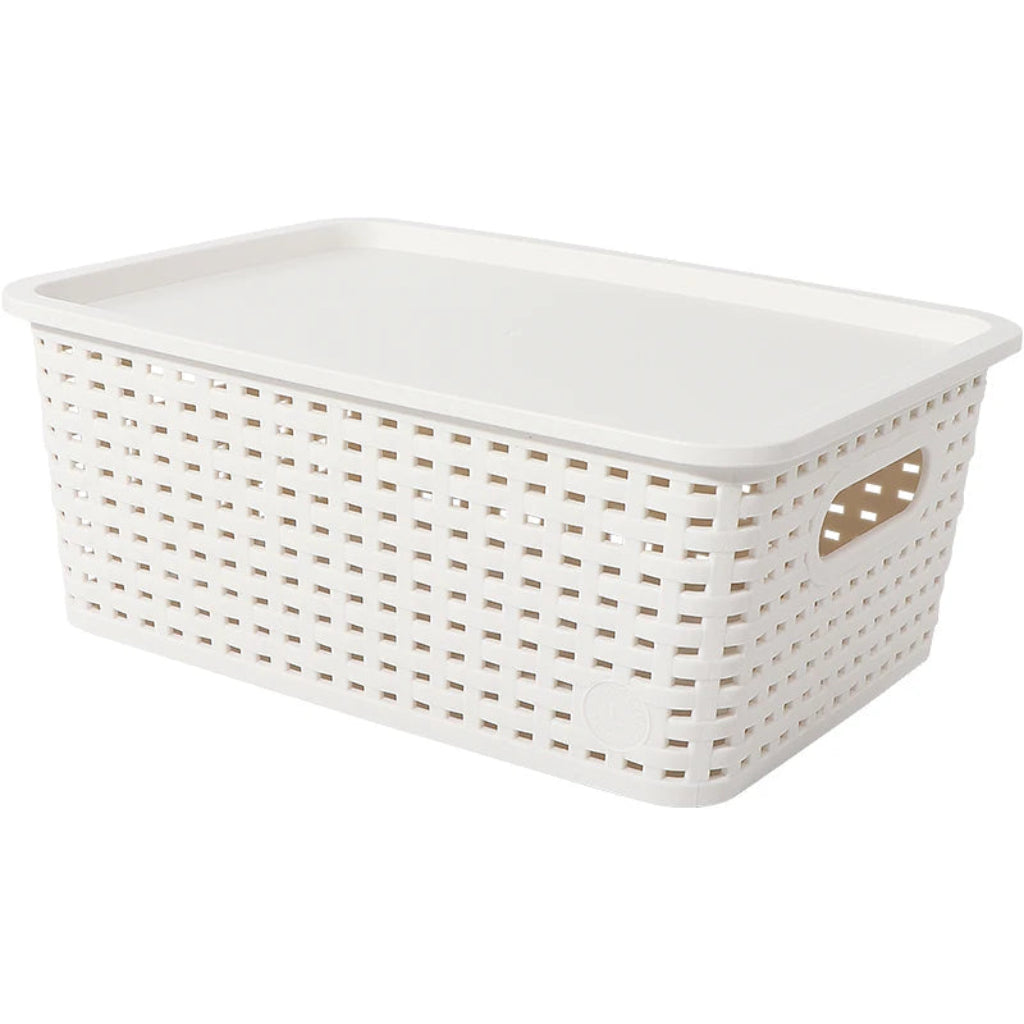Panier de Rangement Plastique avec Couvercle – Empilable Blanc