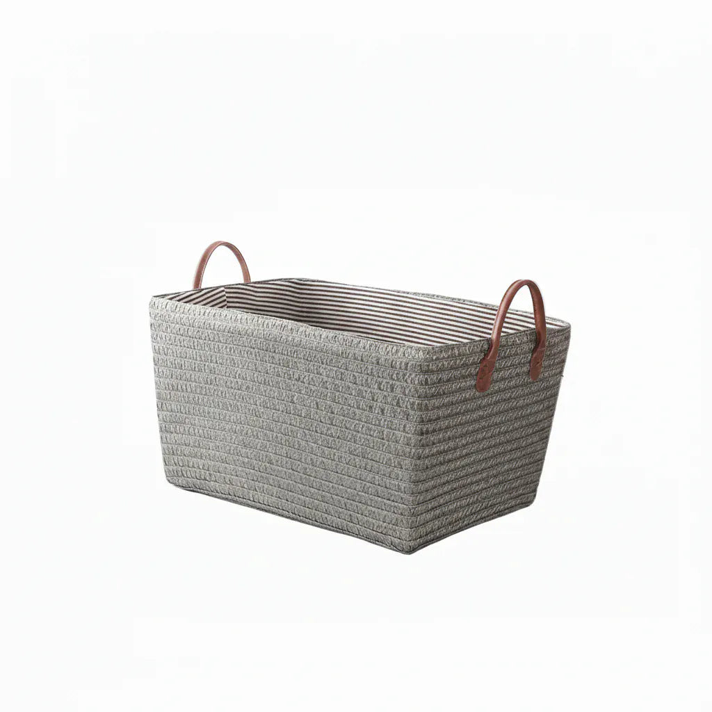 Panier de Rangement Tressé Style Japonais Gris - Grande Capacité Double Couche en PP Oxford