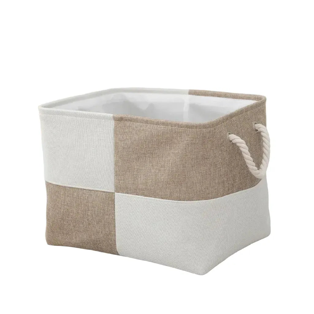 Panier de Rangement en Lin Bicolore Beige/Blanc – Idéal pour Rangement Élégant et Gain de Place