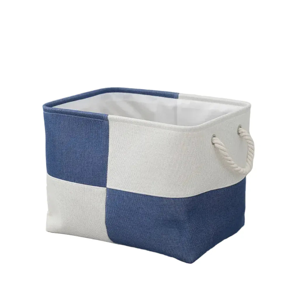 Panier de Rangement en Lin Bicolore Bleu/Blanc – Idéal pour Rangement Élégant et Gain de Place