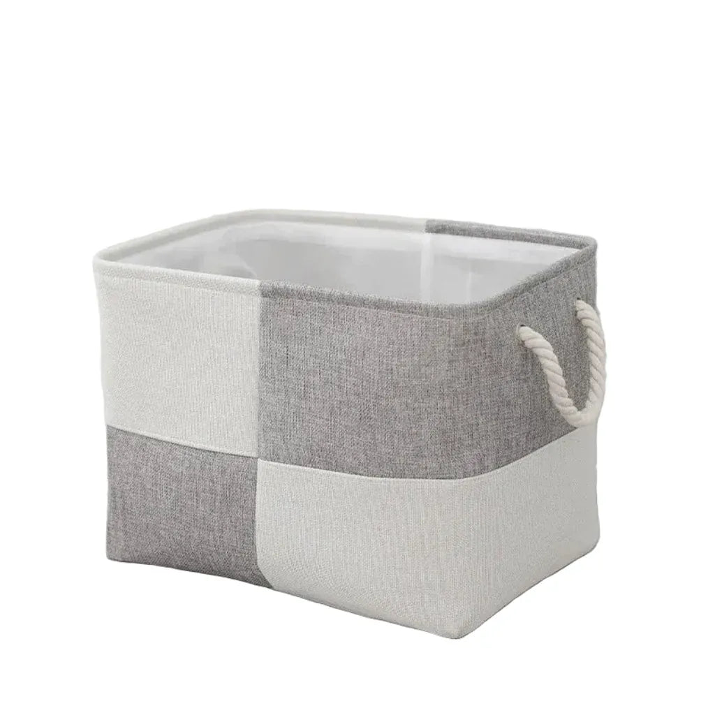 Panier de Rangement en Lin Bicolore Gris/Blanc – Idéal pour Rangement Élégant et Gain de Place