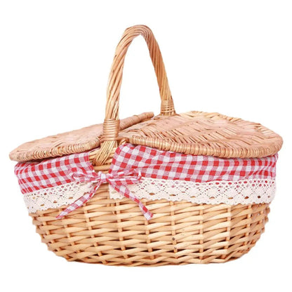 Panier en Osier – Pique-Nique Artisanal avec Couvercle et Doublure Vichy Rouge