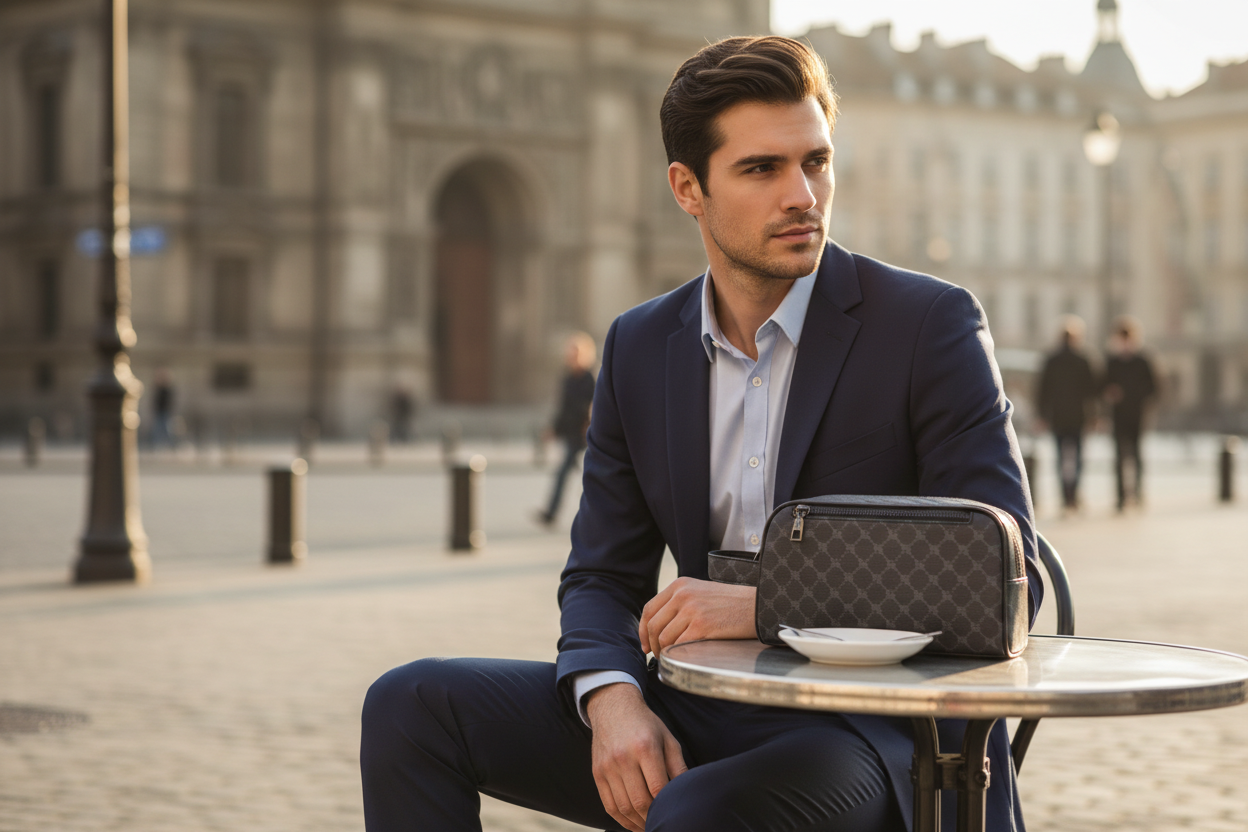 Pochette Homme Cuir Synthétique Monogramme - Double Poche Zippée 2