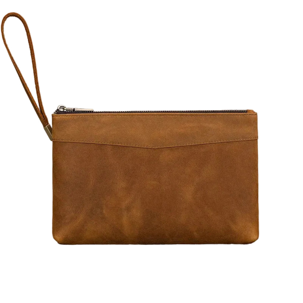 Pochette Homme Cuir Véritable — Grande Capacité & Dragonne Marron Clair.
