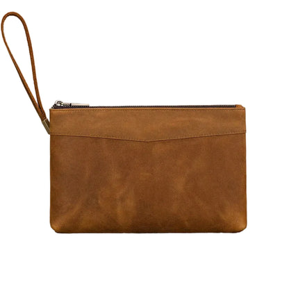 Pochette Homme Cuir Véritable — Grande Capacité & Dragonne Marron Clair.