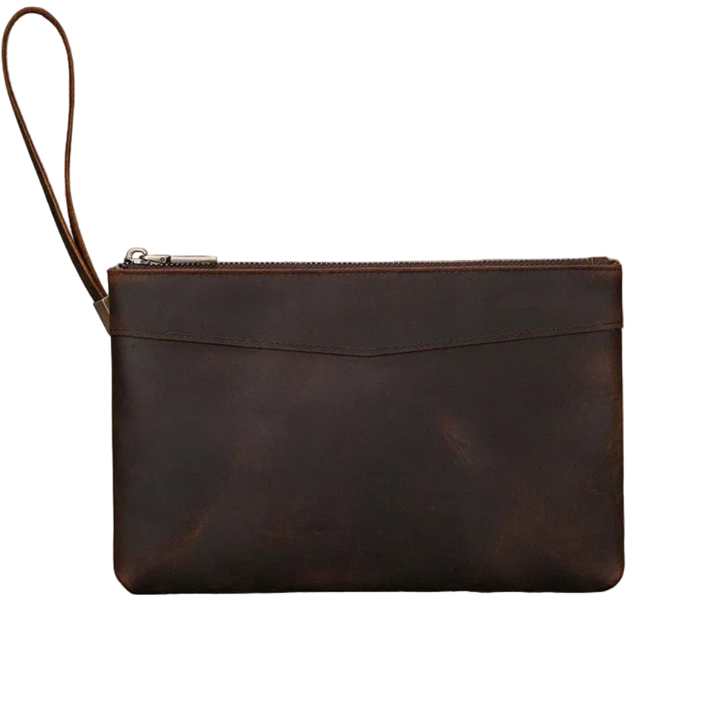 Pochette Homme Cuir Véritable — Grande Capacité & Dragonne Marron Foncé.
