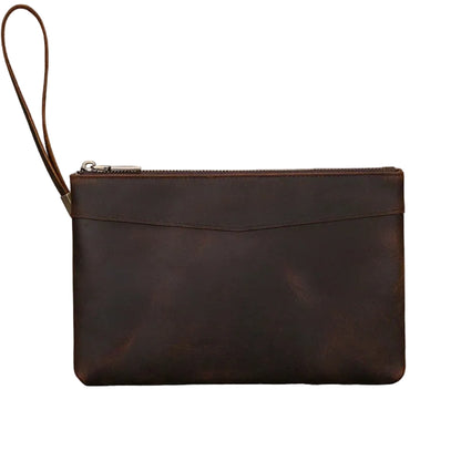 Pochette Homme Cuir Véritable — Grande Capacité & Dragonne Marron Foncé.