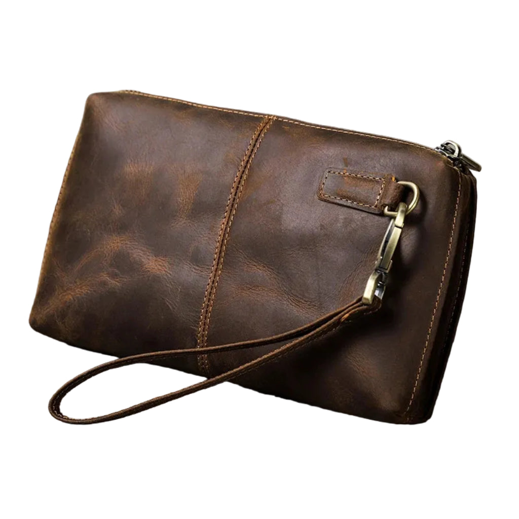 Pochette Homme Cuir Véritable Grande Capacité – Protection RFID Marron Foncé