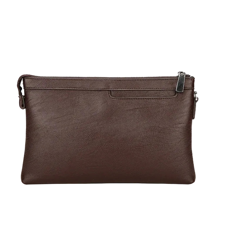 Pochette Homme Similicuir - Zippée, Multi compartiments & Dragonne Marron Foncé 31 x 20 x 3cm