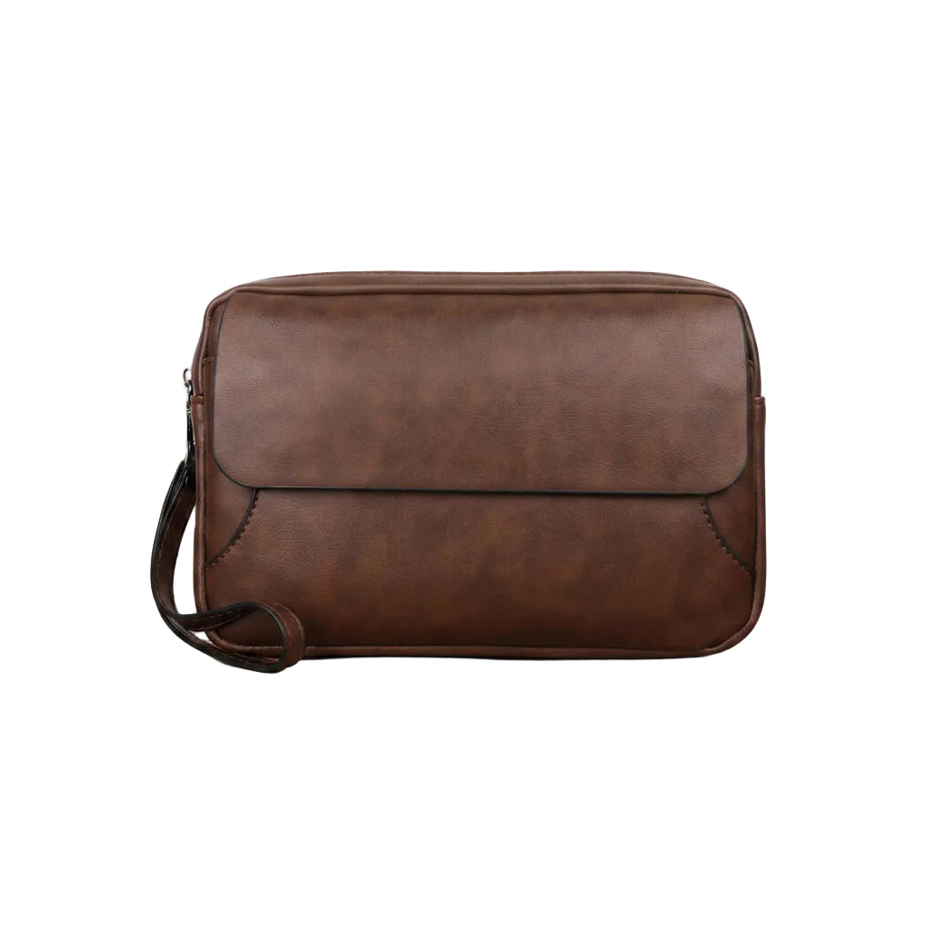 Pochette Homme Similicuir Vieilli - Double Compartiment Marron Foncé