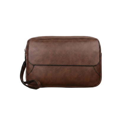 Pochette Homme Similicuir Vieilli - Double Compartiment Marron Foncé