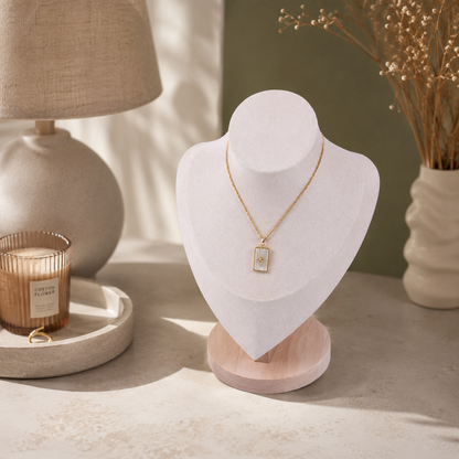 Porte-Bijoux Buste Velours Blanc & Socle Bois