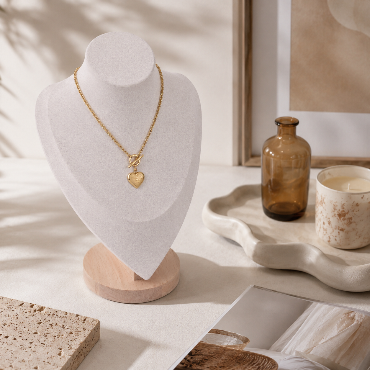 Porte-Bijoux Buste Velours Blanc & Socle Bois