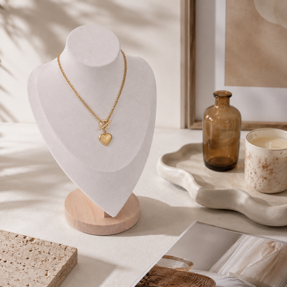 Porte-Bijoux Buste Velours Blanc & Socle Bois