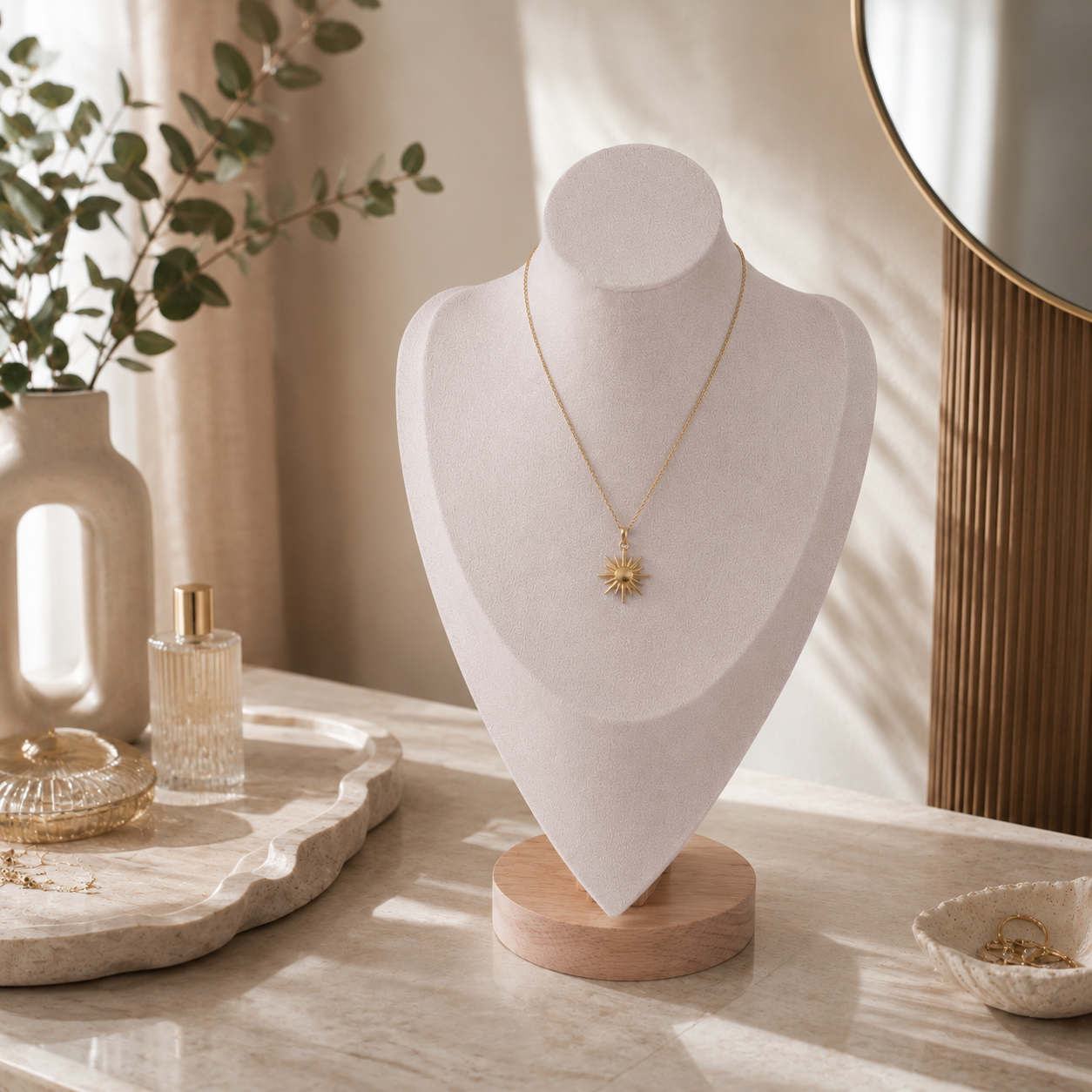 Porte-Bijoux Buste Velours Blanc & Socle Bois
