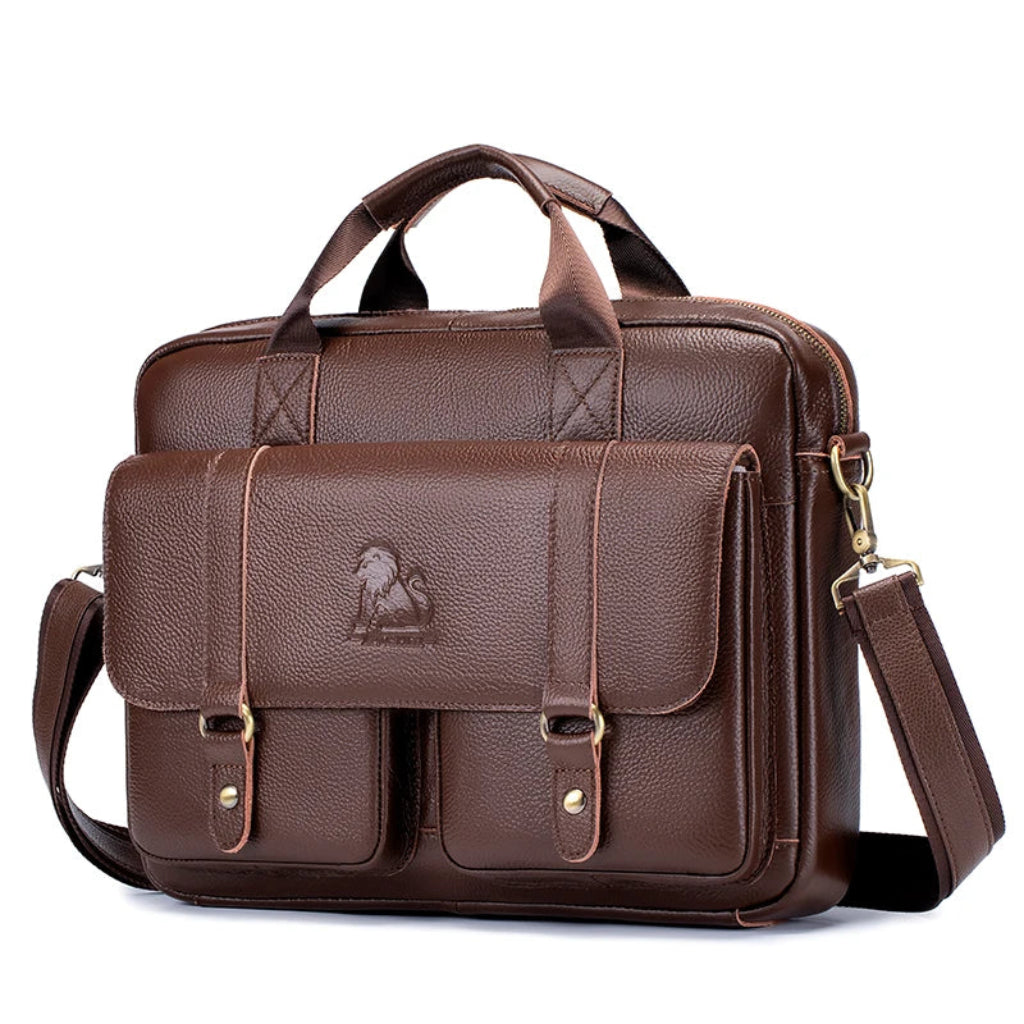 Porte-Documents Homme Cuir de Vache, 2 Poches Avant, PC 15 Pouces Marron 