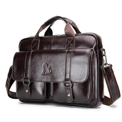 Porte-Documents Homme Cuir de Vache, 2 Poches Avant, PC 15 Pouces Marron Foncé