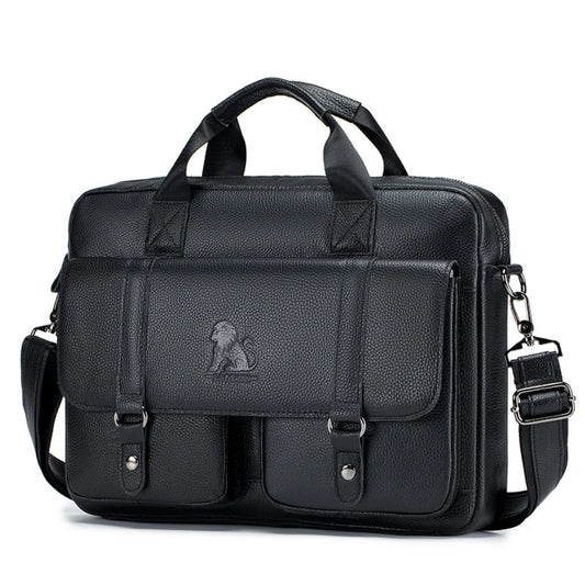 Porte-Documents Homme Cuir de Vache, 2 Poches Avant, PC 15 Pouces Noir