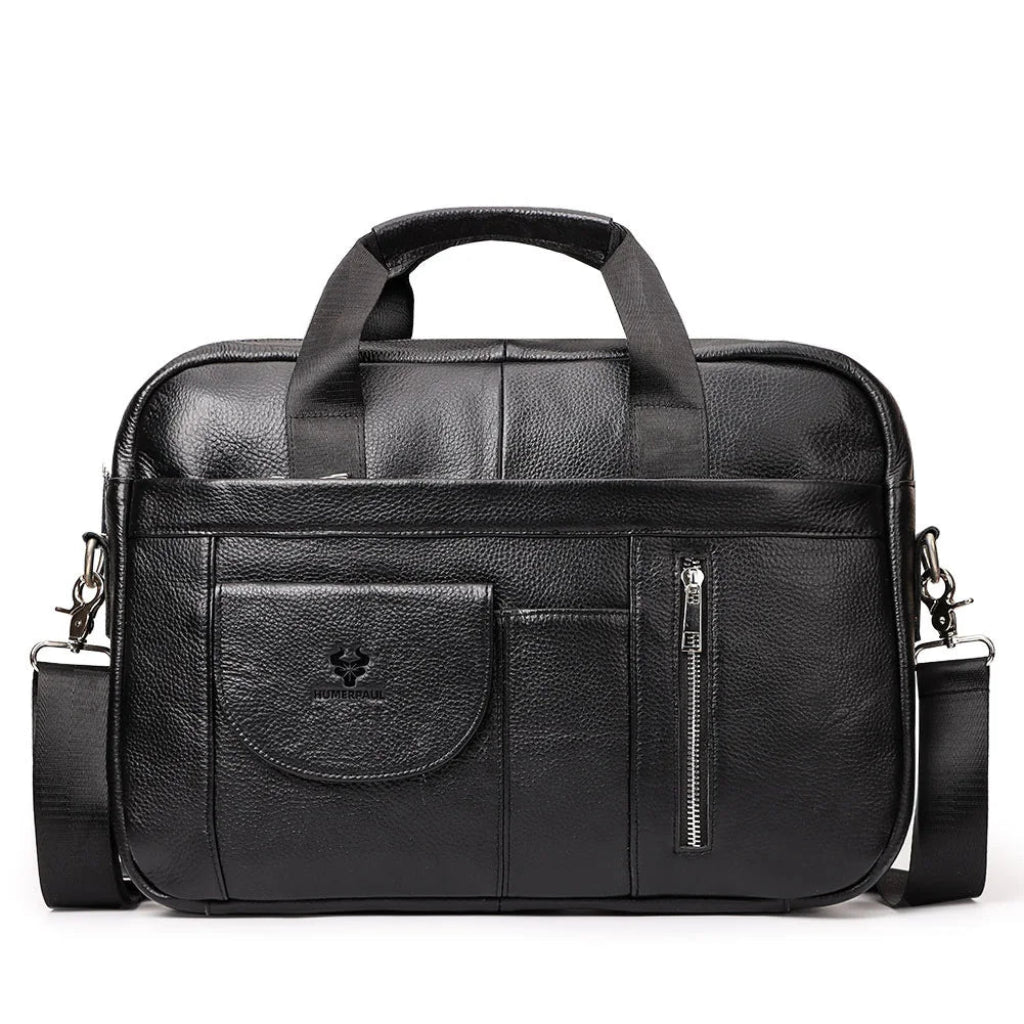 Porte-Documents Homme Cuir de Vache, Poches Avant & Bandoulière Noir