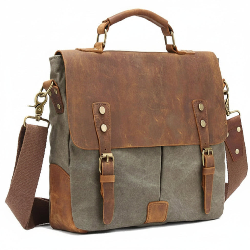 Porte-Documents Homme Vintage en Cuir & Canvas – Style Rétro, Organisation Pro Kaki