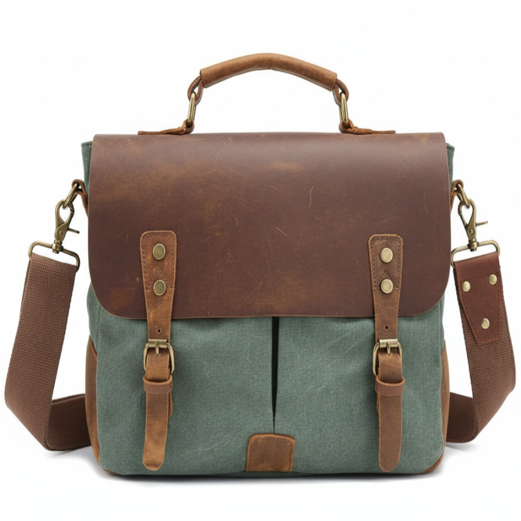 Porte-Documents Homme Vintage en Cuir & Canvas – Style Rétro, Organisation Pro Vert