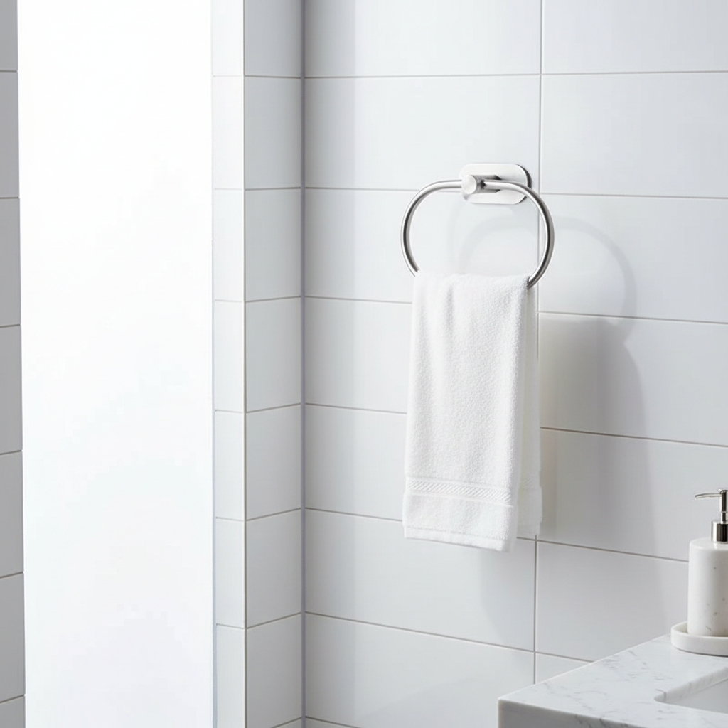 Porte-Serviette Mural en Anneau Gris - Acier Inoxydable Auto-Adhésif pour Salle de Bain et Cuisine mise en scène