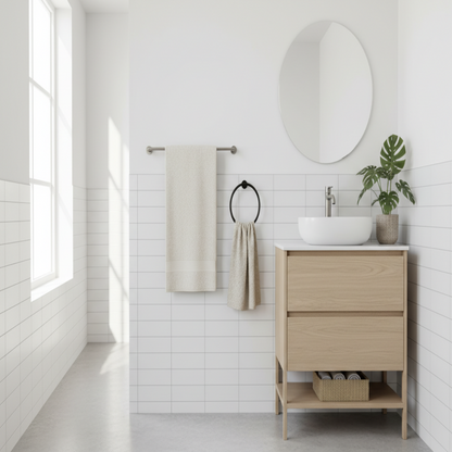 Porte-Serviette Mural en Anneau Noir- Acier Inoxydable Auto-Adhésif pour Salle de Bain et Cuisine mise en scène