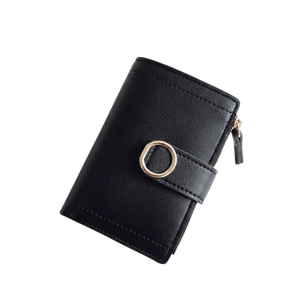 Portefeuille Femme Compact Noir – Fermeture Anneau Métallique, Élégant & Pratique