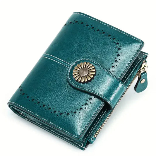 Portefeuille Femme Compact en Cuir Véritable Bleu – RFID, Porte-Cartes & Double Compartiment Zippé